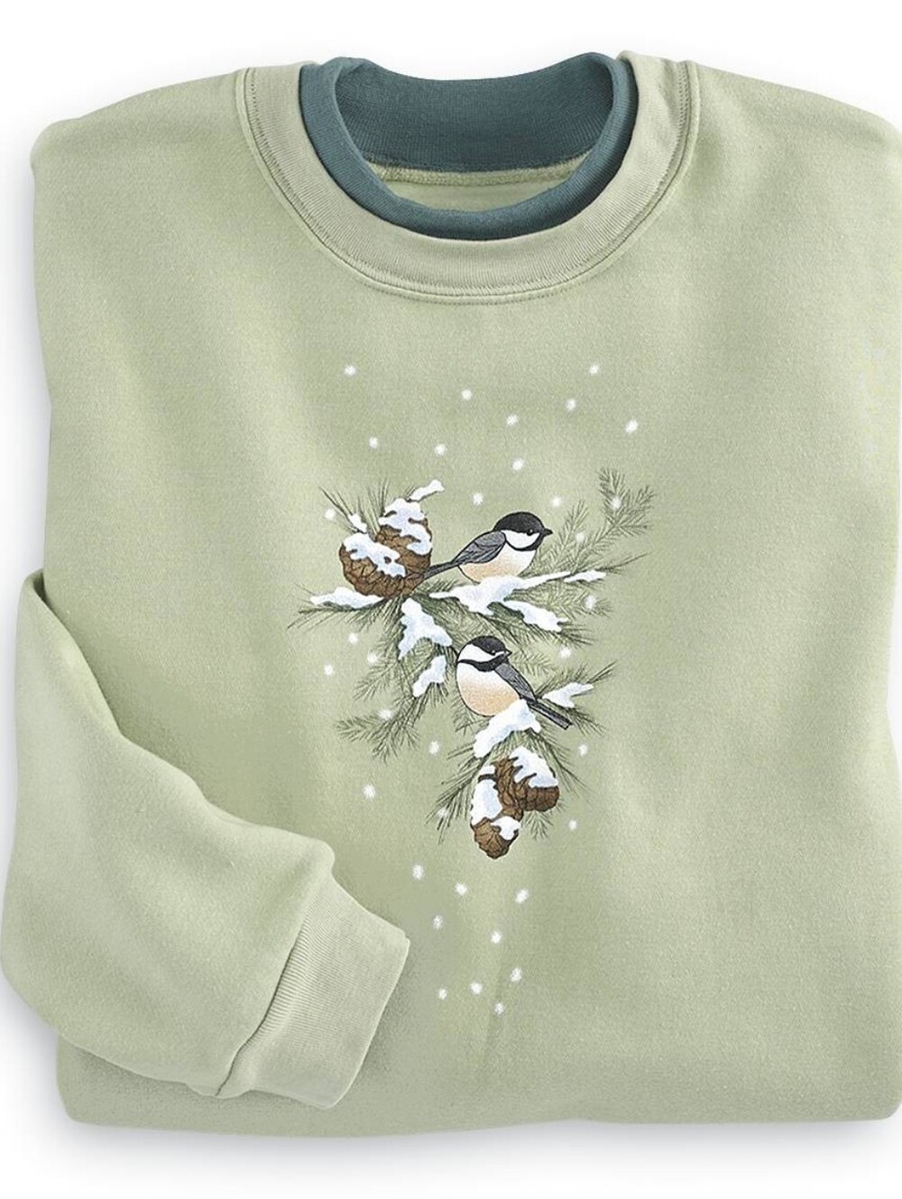 NWT! Country Store Chickadees and Pinecones Sweatshirt, Crewneck, Contrast Inset